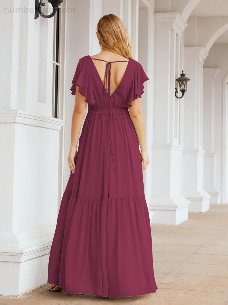 Numbersea Women's Open Back Formal Evening Party Prom Gowns V-Neck Long Chiffon Bridesmaid Dresses with Waist Belt 28038-numbersea
