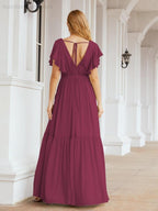 Numbersea Women's Open Back Formal Evening Party Prom Gowns V-Neck Long Chiffon Bridesmaid Dresses with Waist Belt 28038-numbersea