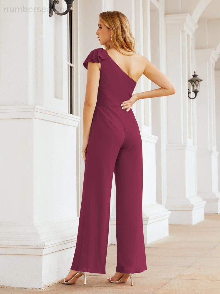Numbersea Womens One Shoulder Chiffon Long Jumpsuit Formal Evening Dress Bridesmaid Dresses Pants