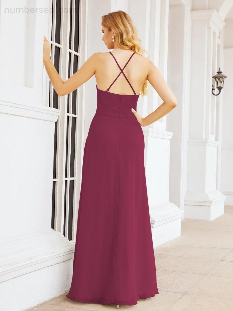 Numbersea Halter Bridesmaid Dresses with Pockets Sleeveless Formal Evening Party Prom Gowns 28055-numbersea