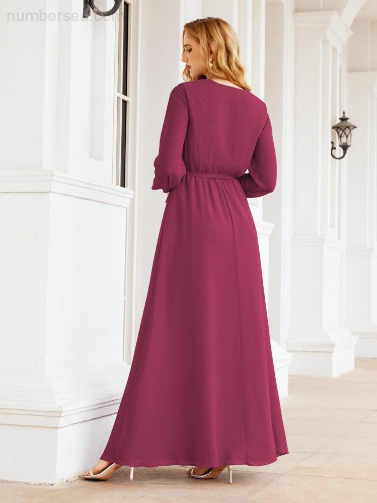 Numbersea Women's Chiffon Bridesmaid Dress A line Long Sleeves Formal Evening Prom Gown for Wedding Guest 28032-numbersea