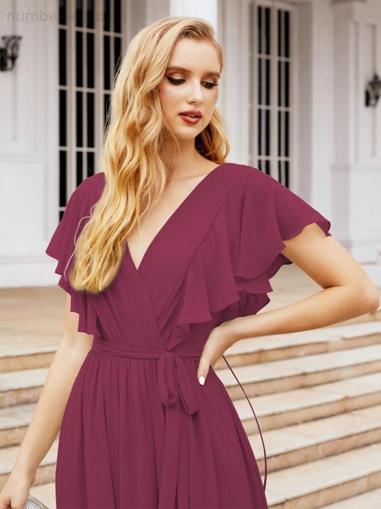 Numbersea Women's Open Back Formal Evening Party Prom Gowns V-Neck Long Chiffon Bridesmaid Dresses with Waist Belt 28038-numbersea