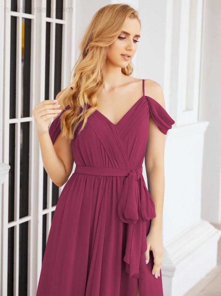 Numbersea Off The Shoulder Chiffon Bridesmaid Dress Long Formal Graduation Gown with Cowl Back 28069-numbersea