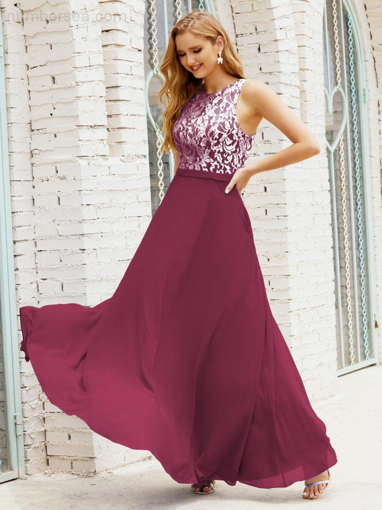 Lace Bridesmaid Dress Floor Length Evening Gowns with Pockets 28017-numbersea