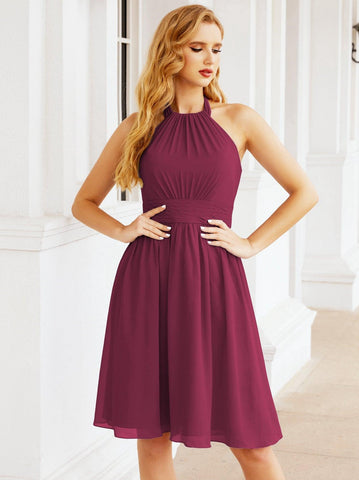 Numbersea Halter Chiffon Vestidos de dama de honor Cortos Sin mangas Vestido de fiesta formal Espalda abierta 28023 