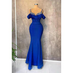 Vestido de fiesta formal de graduación con mangas cortas, escote en V y tirantes de diamantes de imitación