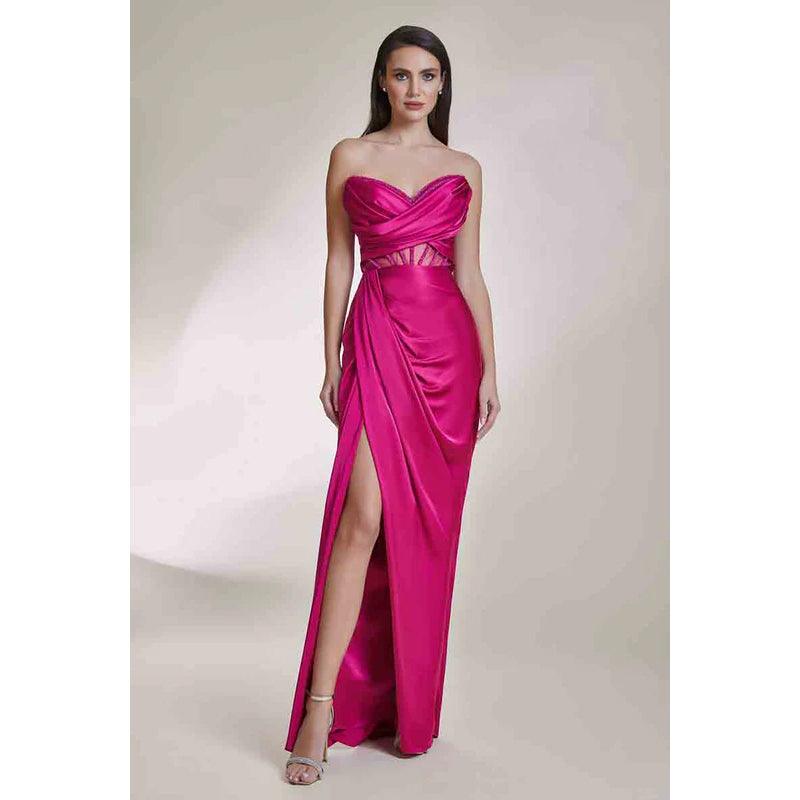 Vestido de noche largo de satén fruncido con cuentas, sin mangas y escote en V, sin tirantes