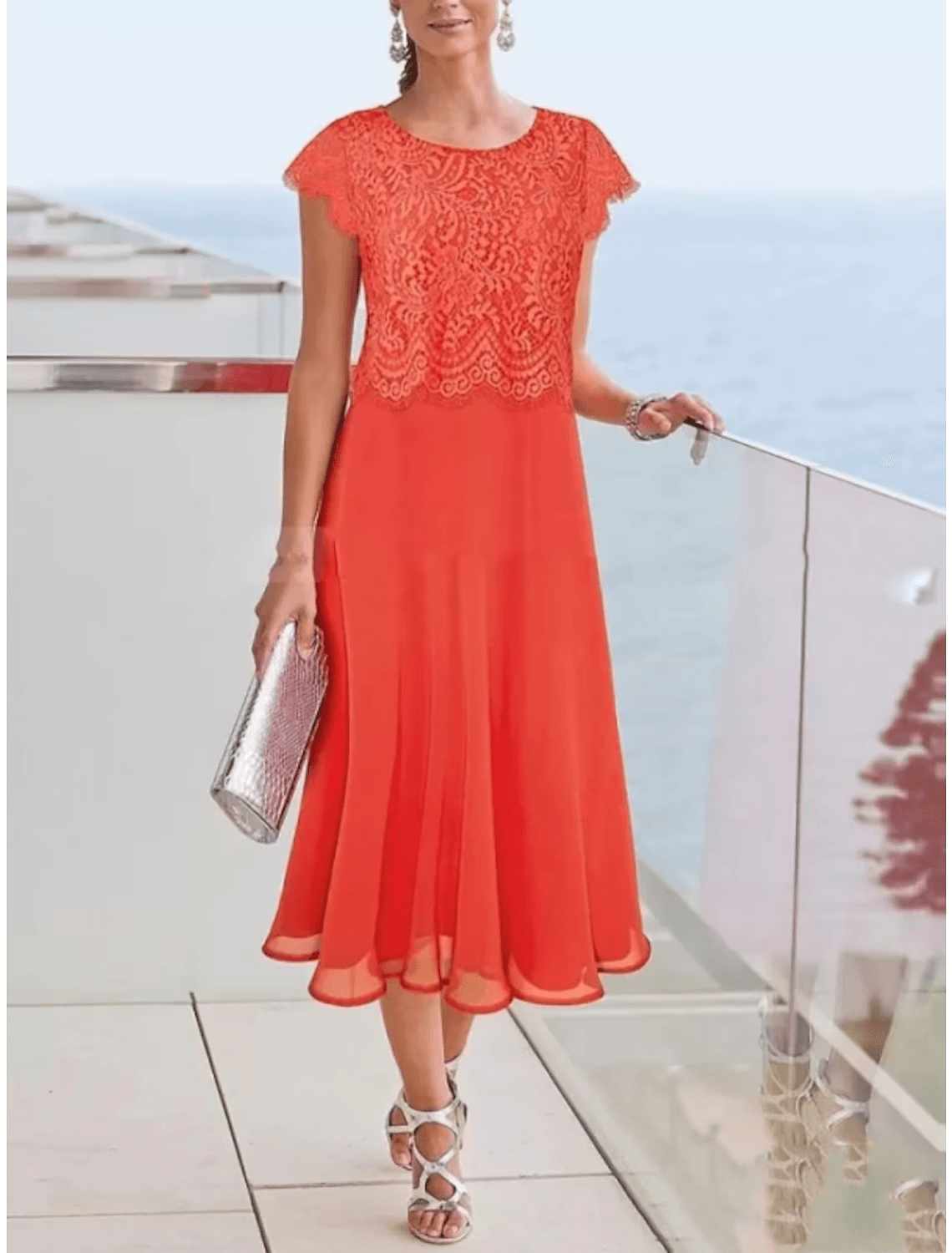 Sheath / Column Mother of the Bride Dress Wedding Guest Vintage Elegant Scoop Neck Tea Length Chiffon Lace Cap Sleeve with Pleats Solid Color