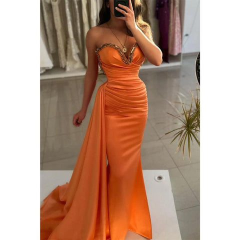 Sheath Sweetheart Strapless Beaded Ruched with Train Party Prom Evening Dress