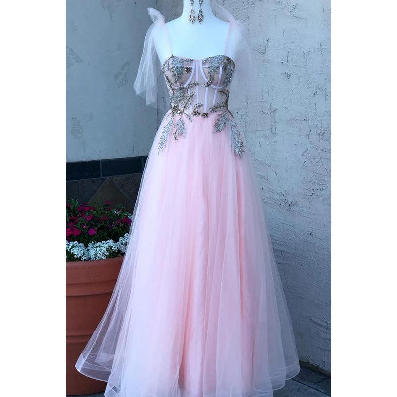 Sweetheart Pink Tulle Beads A-line Senior Prom Dress