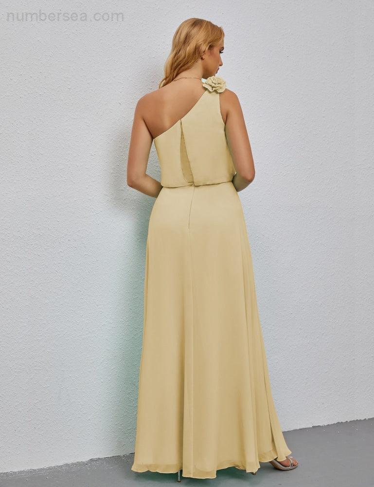 Ruffled One Shoulder Sleeveless Long Bridesmaid Dresses A-line Formal Evening Gown Side Split 28080-numbersea