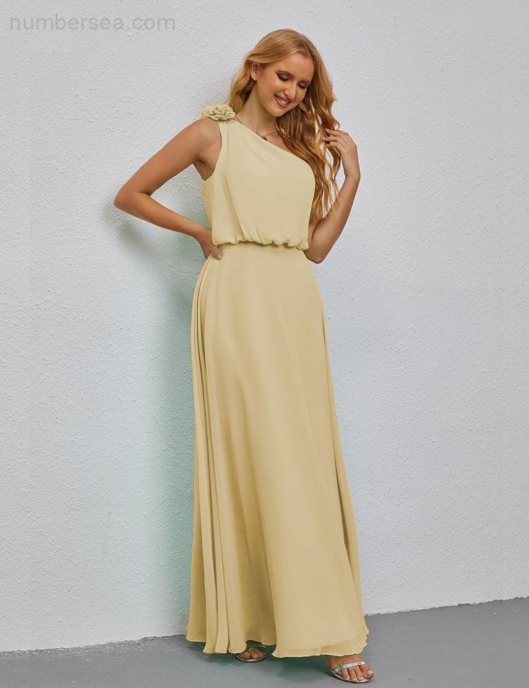 Ruffled One Shoulder Sleeveless Long Bridesmaid Dresses A-line Formal Evening Gown Side Split 28080-numbersea