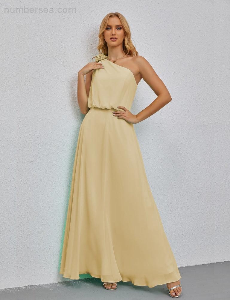Ruffled One Shoulder Sleeveless Long Bridesmaid Dresses A-line Formal Evening Gown Side Split 28080-numbersea