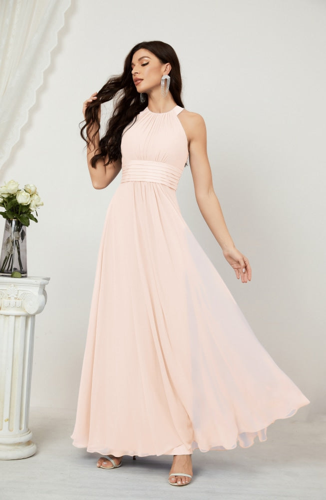 Numbersea Formal Party Gown Dress Chiffon Halter Long Sleeveless Bridesmaid Dresses 2802 Pink Brown