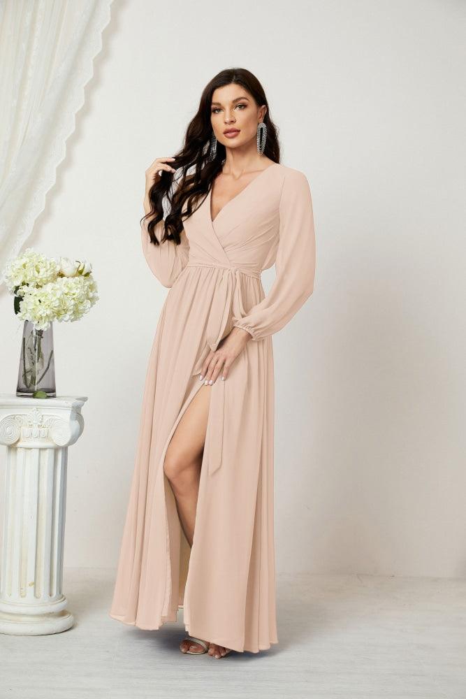 Numbersea Evening Dresses Deep V-Neck Chiffon Bridesmaid Dresses Long Bishop Sleeve Side Split Formal Dress 2806-numbersea