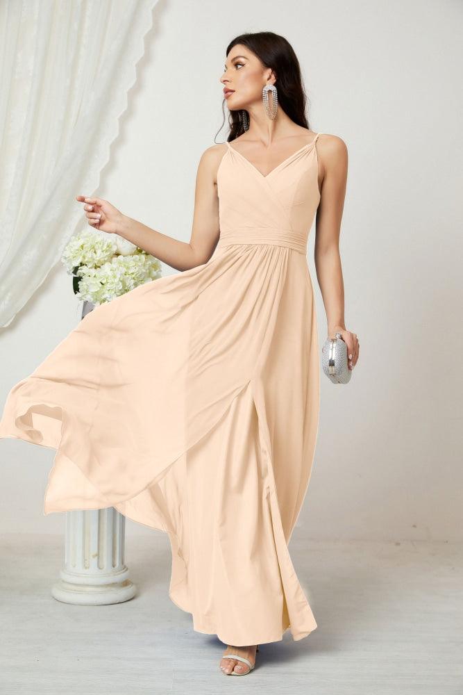 Numbersea Chiffon V-Neck Bridesmaid Dress Spaghetti Strap Long Formal Party Prom Gowns with Slit 28010-numbersea