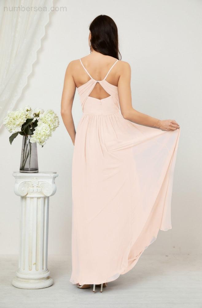 Numbersea Neck Bridesmaid Dresses Chiffon Long Spaghetti A-line Formal Prom Gown for Wedding Party Evening 2801-numbersea