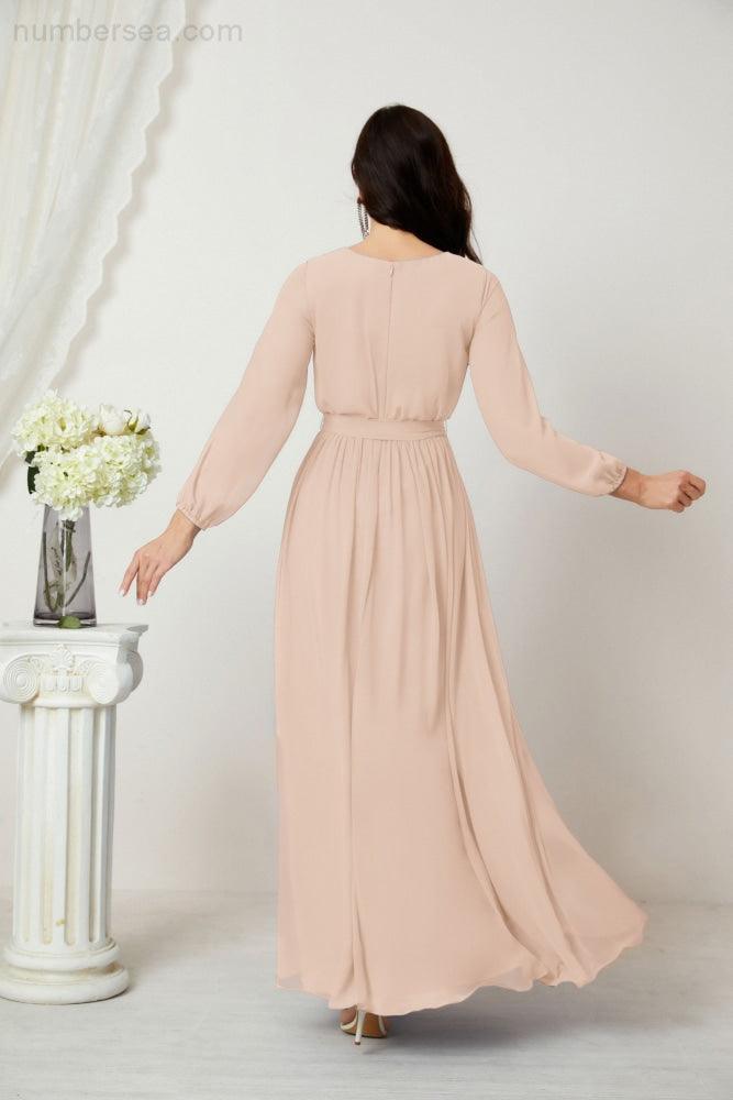 Numbersea Evening Dresses Deep V-Neck Chiffon Bridesmaid Dresses Long Bishop Sleeve Side Split Formal Dress 2806-numbersea