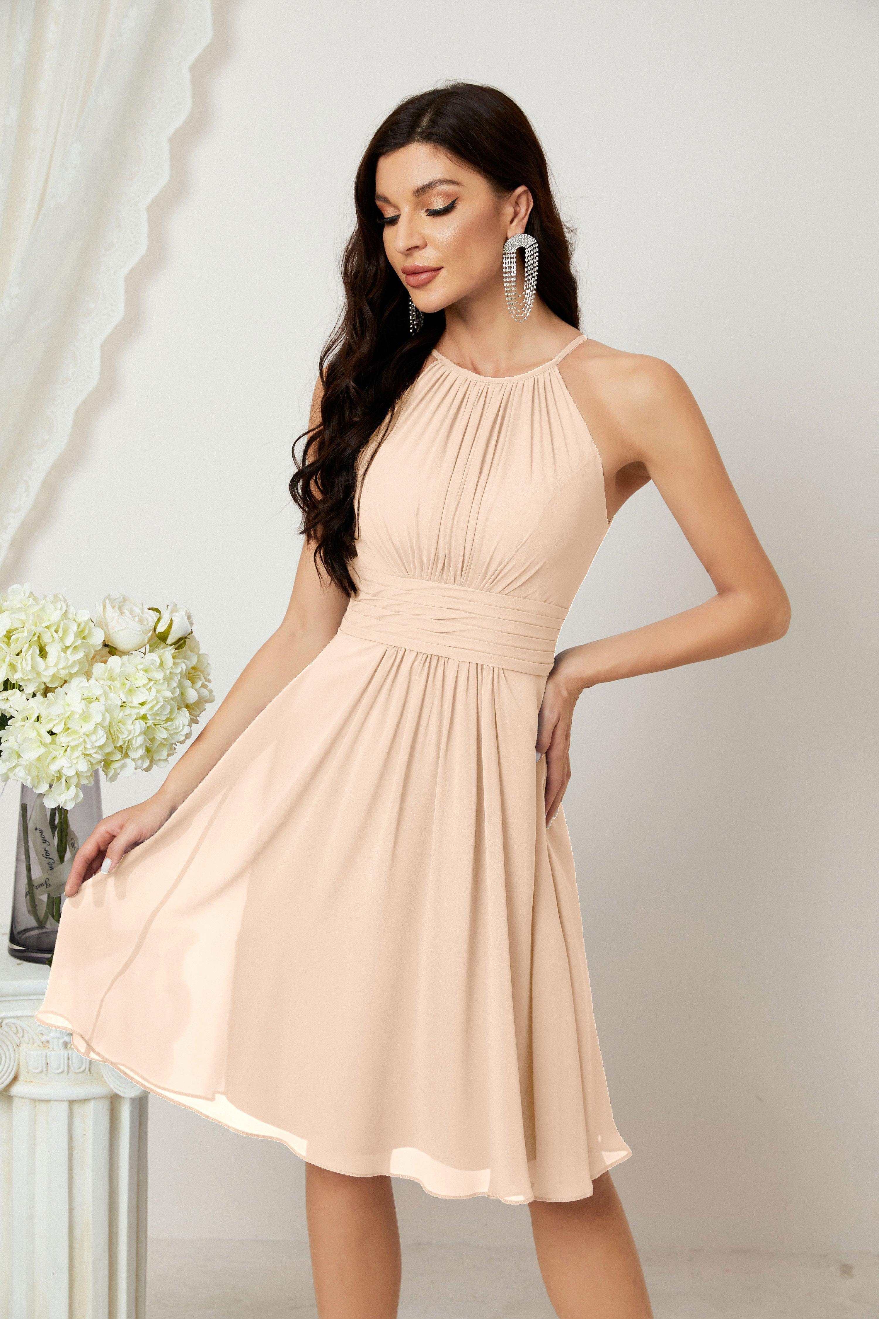 Halter Bridesmaid Dresses Knee Length A Line Formal Evening Party Cocktail Dress 28011