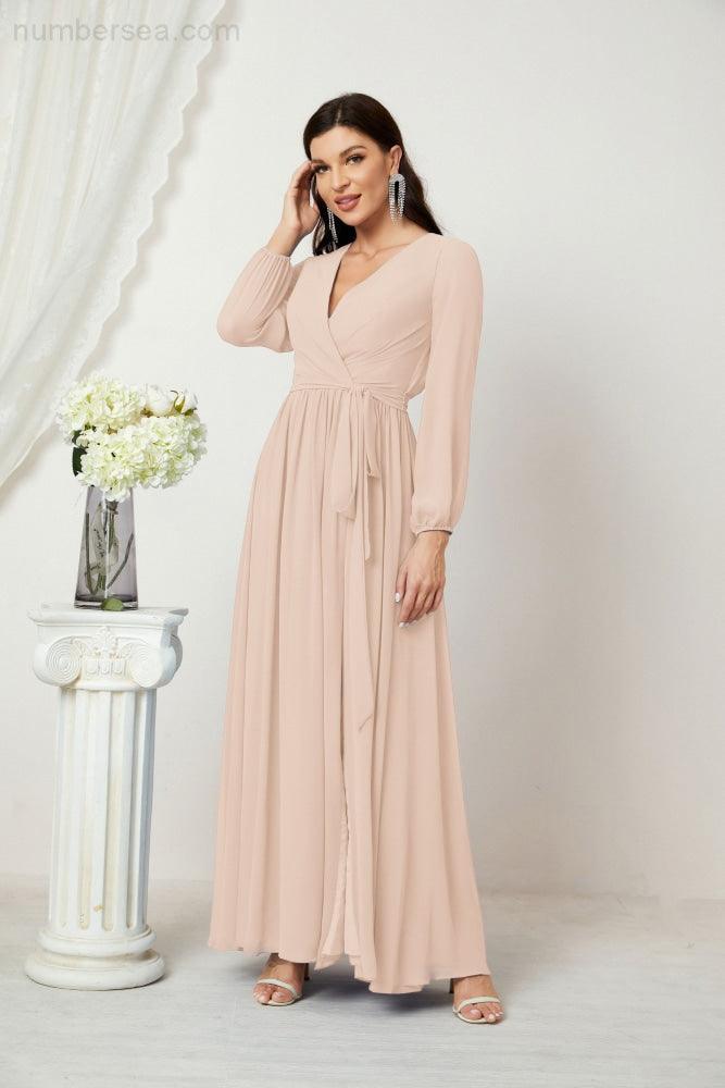 Numbersea Evening Dresses Deep V-Neck Chiffon Bridesmaid Dresses Long Bishop Sleeve Side Split Formal Dress 2806-numbersea