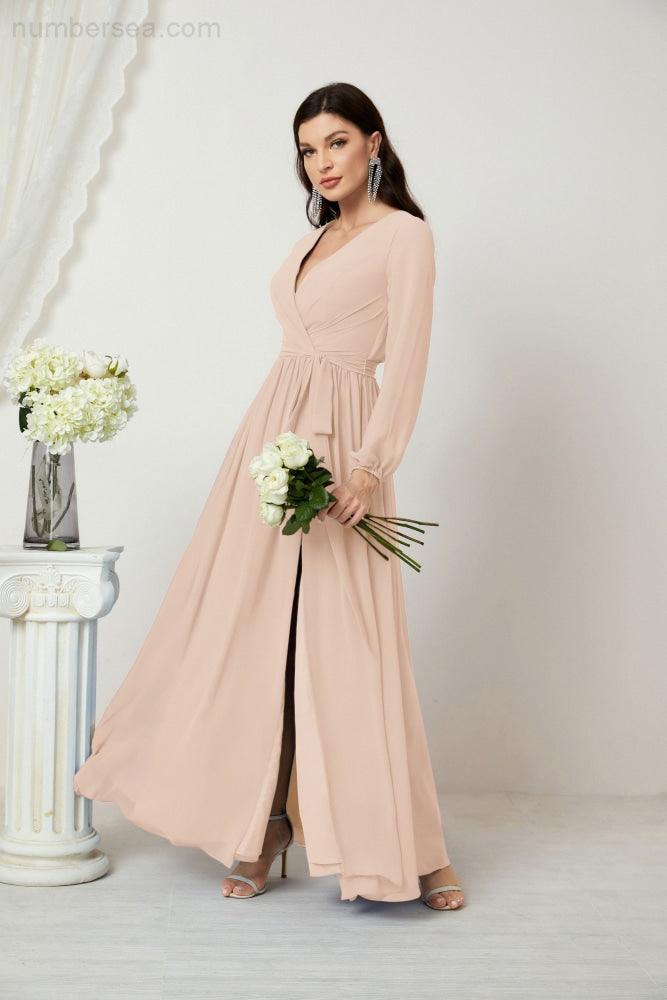 Numbersea Evening Dresses Deep V-Neck Chiffon Bridesmaid Dresses Long Bishop Sleeve Side Split Formal Dress 2806-numbersea