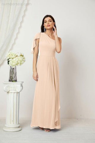 Numbersea Chiffon Ruffled One Shoulder Long Bridesmaid Dresses A-line Formal Evening Gown Side Split 2809-numbersea