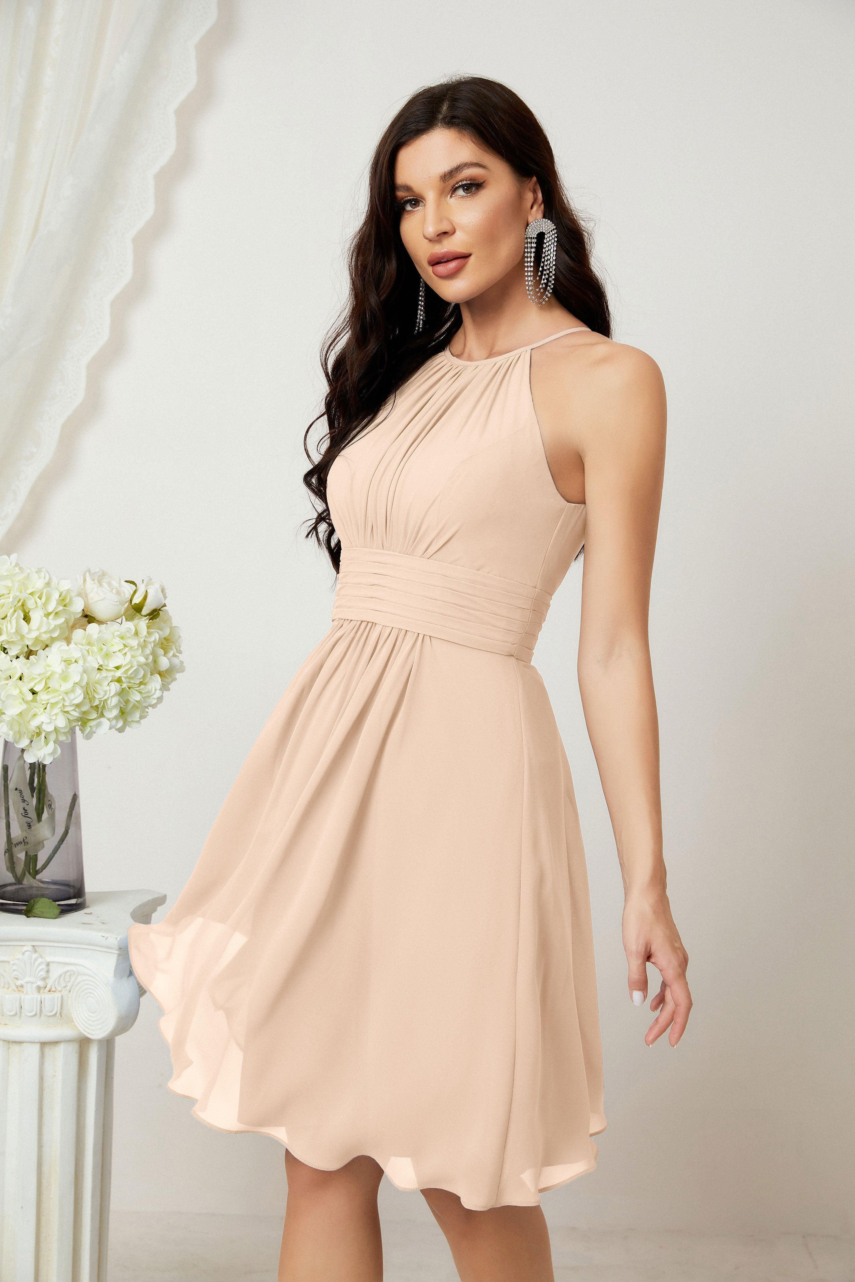 Halter Bridesmaid Dresses Knee Length A Line Formal Evening Party Cocktail Dress 28011