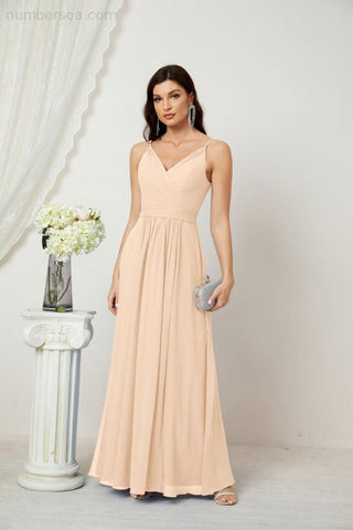 Numbersea Chiffon V-Neck Bridesmaid Dress Spaghetti Strap Long Formal Party Prom Gowns with Slit 28010-numbersea