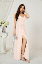 Numbersea Neck Bridesmaid Dresses Chiffon Long Spaghetti A-line Formal Prom Gown for Wedding Party Evening 2801-numbersea