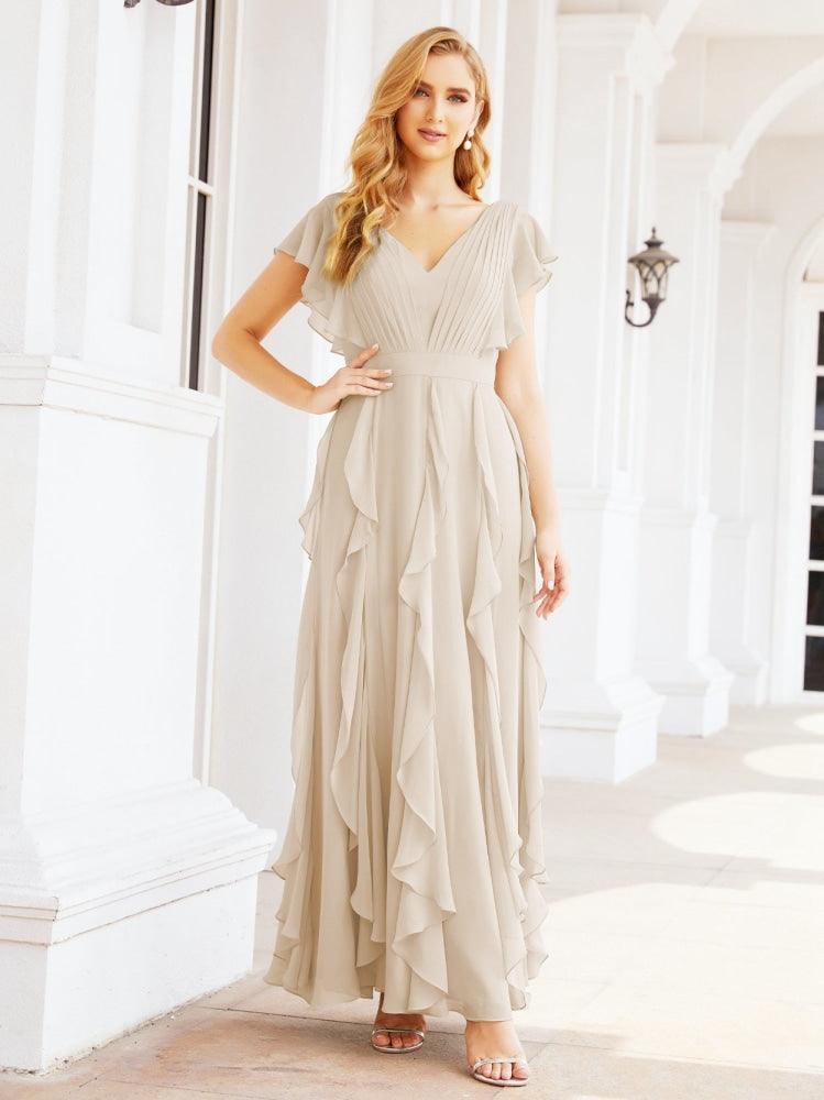 Ruffled Bridesmaid Dresses with Sleeves Long Formal Party Dress 28041-numbersea