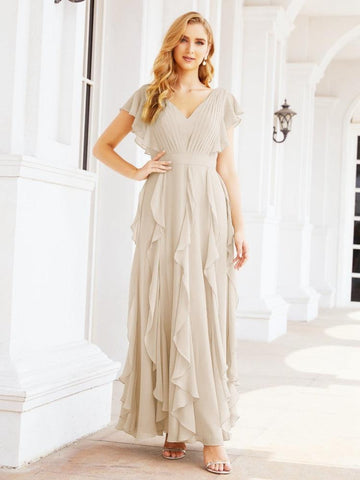 Ruffled Bridesmaid Dresses with Sleeves Long Formal Party Dress 28041-numbersea
