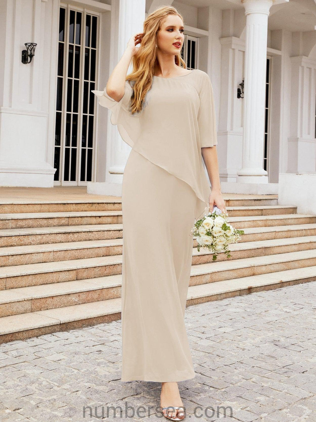 Numbersea Formal Party Gown Dress Long Chiffon Mother Of The Bride Dresses With Ruffle Cape 28026