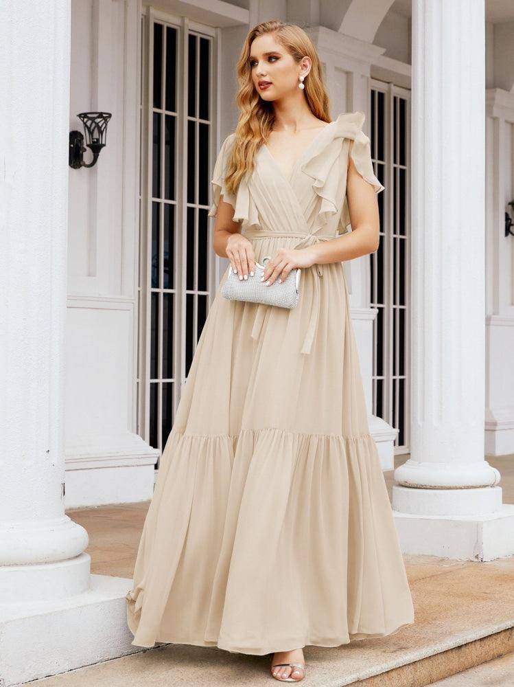 Numbersea Women's Open Back Formal Evening Party Prom Gowns V-Neck Long Chiffon Bridesmaid Dresses with Waist Belt 28038-numbersea