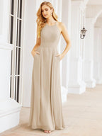 Numbersea Halter Bridesmaid Dresses with Pockets Sleeveless Formal Evening Party Prom Gowns 28055-numbersea