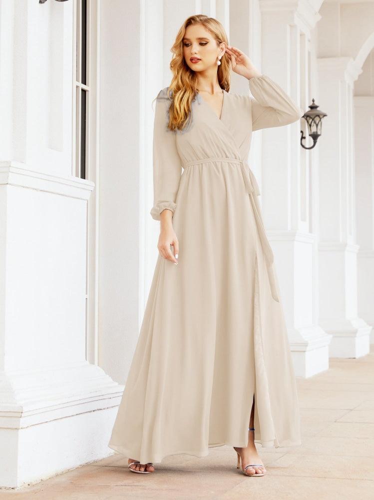 Numbersea Women's Chiffon Bridesmaid Dress A line Long Sleeves Formal Evening Prom Gown for Wedding Guest 28032-numbersea