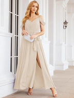 Numbersea Off The Shoulder Chiffon Bridesmaid Dress Long Formal Graduation Gown with Cowl Back 28069-numbersea