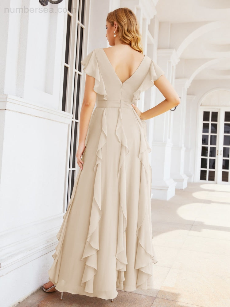 Ruffled Bridesmaid Dresses with Sleeves Long Formal Party Dress 28041-numbersea