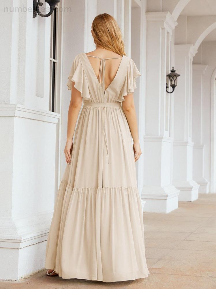 Numbersea Women's Open Back Formal Evening Party Prom Gowns V-Neck Long Chiffon Bridesmaid Dresses with Waist Belt 28038-numbersea