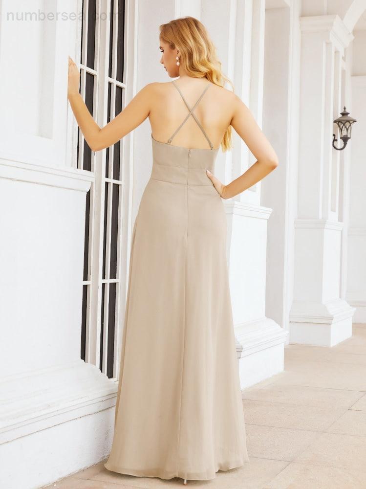 Numbersea Halter Bridesmaid Dresses with Pockets Sleeveless Formal Evening Party Prom Gowns 28055-numbersea