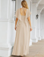 Numbersea Chiffon Bridesmaid Dresses Long Formal Evening Prom Mother of The Bride Dress with Flutter Sleeve     SEA28040