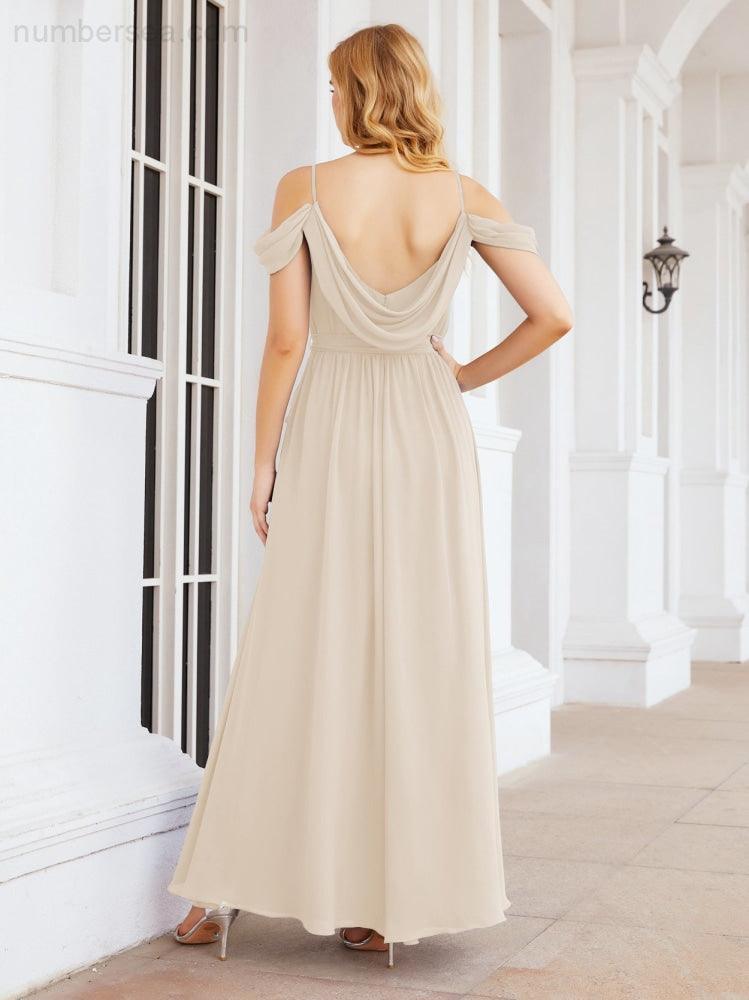 Numbersea Off The Shoulder Chiffon Bridesmaid Dress Long Formal Graduation Gown with Cowl Back 28069-numbersea