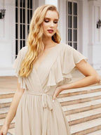 Numbersea Women's Open Back Formal Evening Party Prom Gowns V-Neck Long Chiffon Bridesmaid Dresses with Waist Belt 28038-numbersea