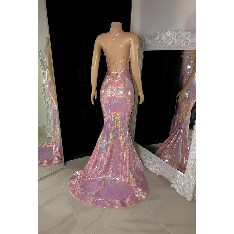 Vestido de fiesta largo con escote en V, tirantes finos, lentejuelas y abertura