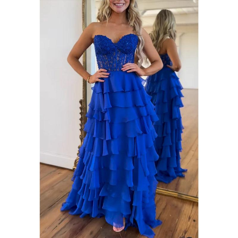 Sweetheart Strapless A-line Appliques Tiered Party Prom Evening Dress