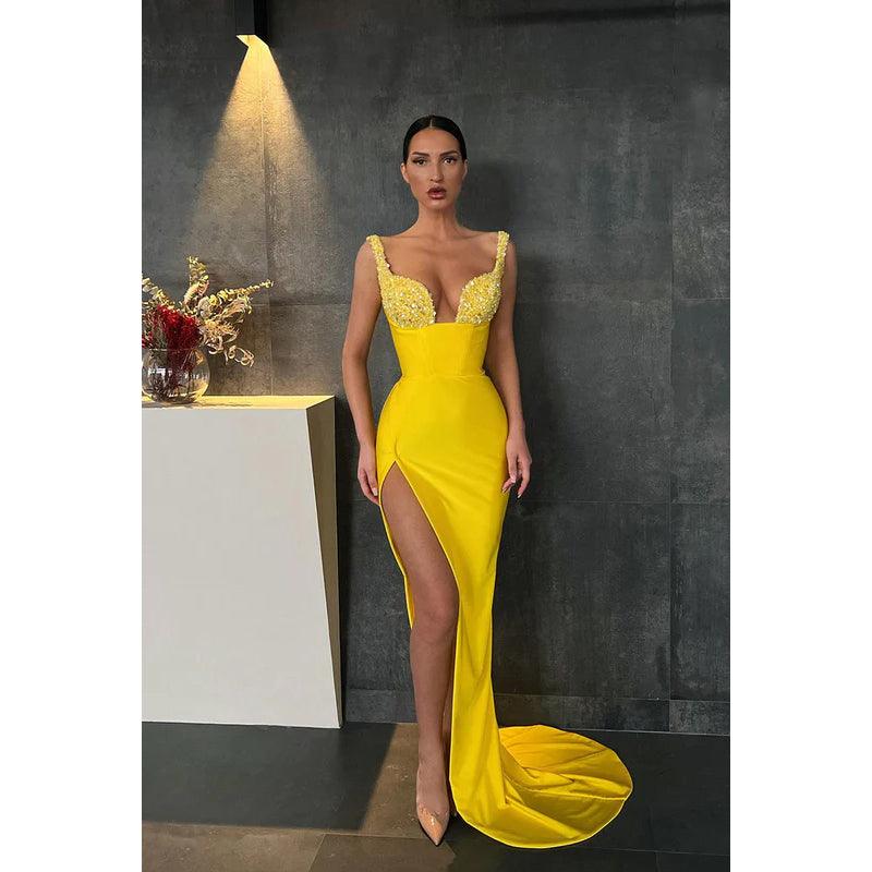 V-Neck Sequined Sheath Long Prom Evening Gown With Slit
