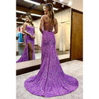 Vestido de noche largo con escote en forma de corazón, tirantes finos y lentejuelas, con abertura