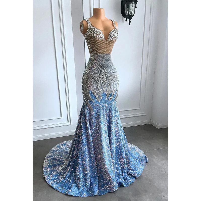 Glamouröses und dramatisches Abendkleid mit Rüschen, Strasssteinen, V-Ausschnitt, ärmellosen Pailletten