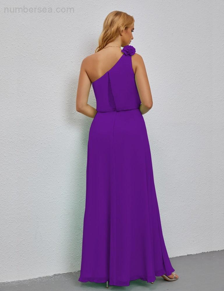 Ruffled One Shoulder Sleeveless Long Bridesmaid Dresses A-line Formal Evening Gown Side Split 28080-numbersea