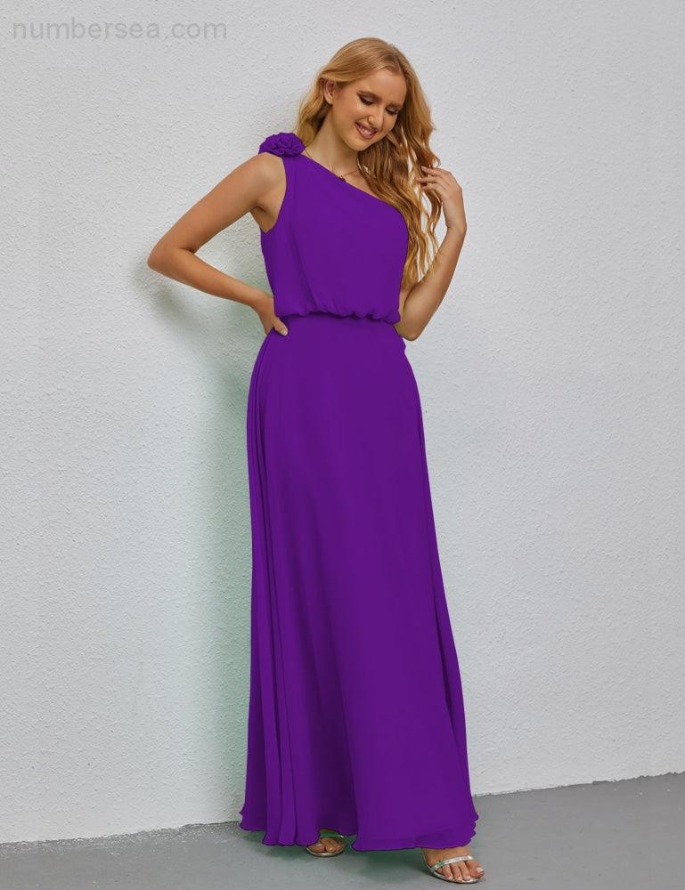 Ruffled One Shoulder Sleeveless Long Bridesmaid Dresses A-line Formal Evening Gown Side Split 28080-numbersea