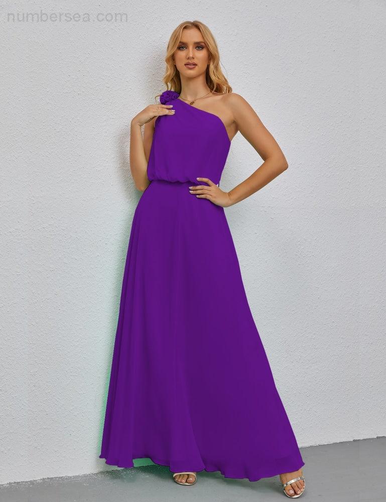 Ruffled One Shoulder Sleeveless Long Bridesmaid Dresses A-line Formal Evening Gown Side Split 28080-numbersea